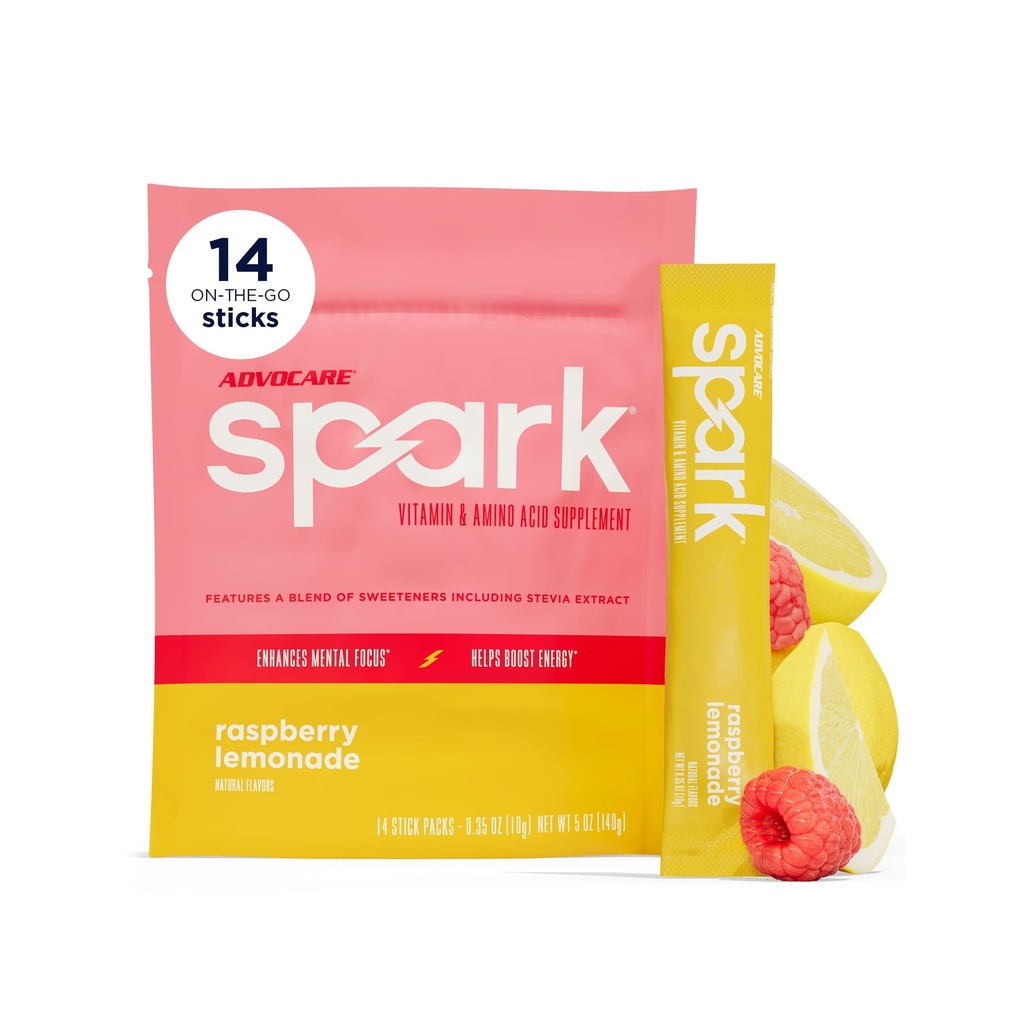 AdvoCare Spark Vitamin & Amino Acid Supplement - Sugar-Free Focus & Energy Drink Powder med vitamin A, C, E & B-12 - Raspberry Lemonade, 14 Stick Packs