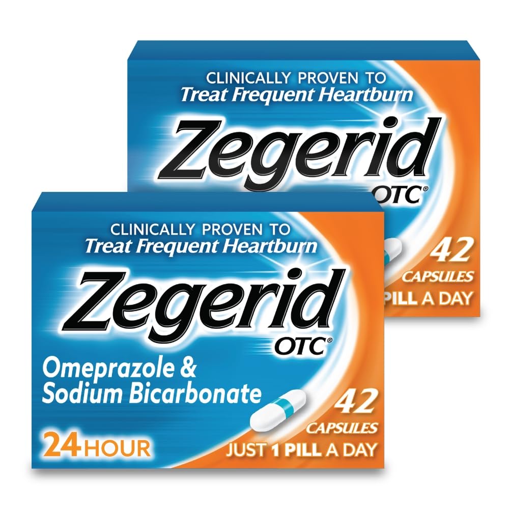 Zegerid OTC, 24-timmars Heartburn Relief, Acid Reflux Medicine och Antacid, behandlar Frequent Heartburn, Omeprazole 20mg + Sodium Bicarbonate, Proton Pump Inhibitor (PPI), två 42ct Cartons
