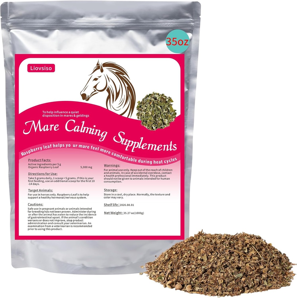 Horse Calming Supplement Natural Raspberry Leaf 35 OZ- Relieves Anxiety, Irritabilitet och obehag i Mares Under Värmecykler - Också Magic Suitable for Geldings