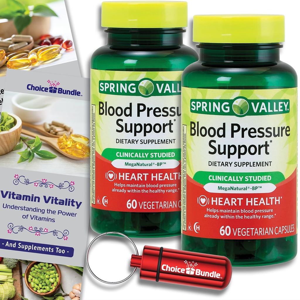 Choice Bundle Spring Valley Blood Pressure Support Vegetarian Capsules 60 Ct 2 pk (120 Total) + Vitamin Guide & Pill Container (4 objekt)!