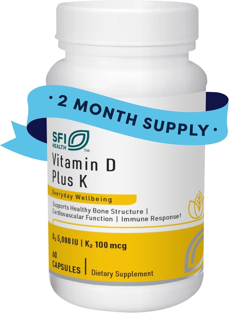 Klaire Labs SFI Health Vitamin D Plus K - Bioavailable Vitamin K2 D3 Supplement for Bone & Immune Support - Varje kapsel levererar D3 5000 iu & K2 100 Mcg (60 kapslar)