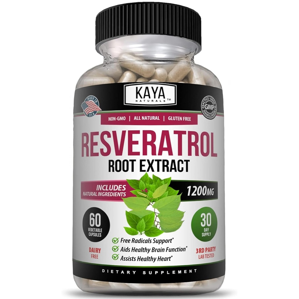Kaya Naturals - Resveratrol Capsules - Anti Aging Supplement - Antioxidanter med hjärnstöd - Maximala fördelar - 60 Veggies kapslar