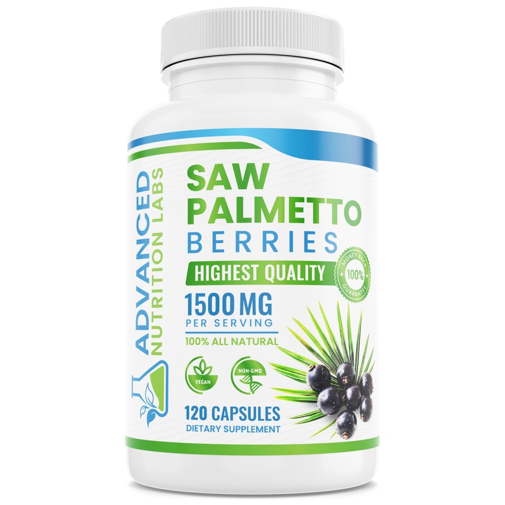 Saw Palmetto Berries & Extract - 1500 mg Saw Palmetto Supplement för män och kvinnor - DHT Blocker för hårväxt, prostatastöd och urinhälsa - 120 Vegan kapslar