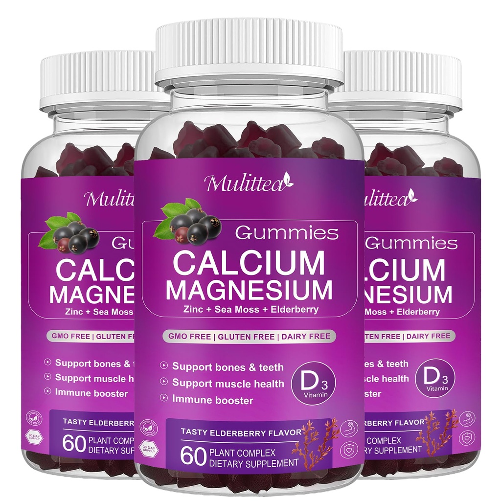 Kalcium Magnesium Zink Gummies med High Absorption Magnesium Glycinate 200mg, Kalcium - Plant Calcium Supplement w / D3 & Sea Moss för ben, muskler, lugn humör och sömnstöd barn & vuxna (3 Pack)