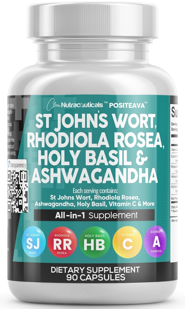 Clean Nutraceuticals St Johns Wort Rhodiola Rosea Holy Basil Ashwagandha - Mood Support för kvinnor och män med vitamin C & Black Pepper Extract - 90 Caps