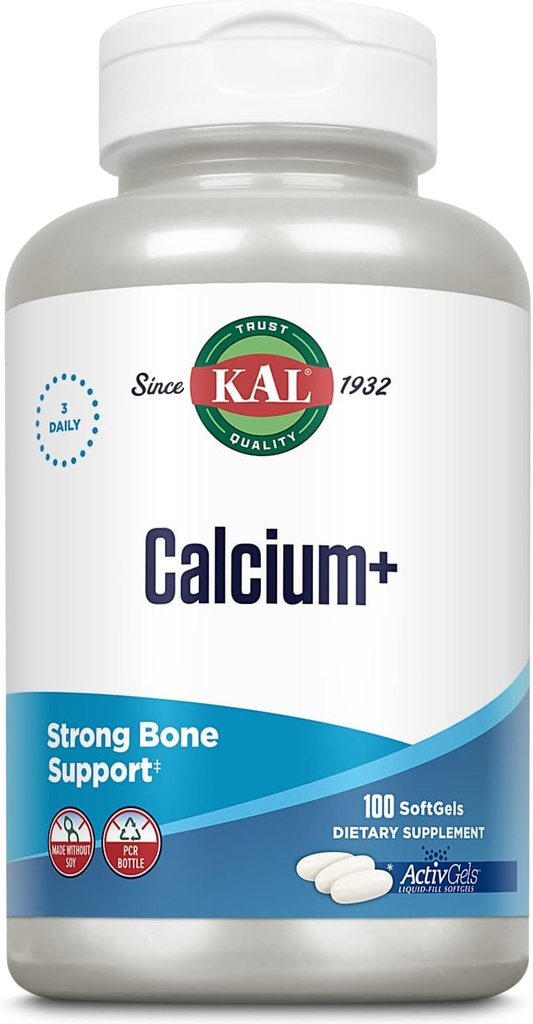 KAL Calcium + AktivGels 1000mg | Calcium, Magnesium, Zink och vitamin D-3 | Formulerad för att hjälpa till att stödja hälsosam tänder och ben | Soja gratis | 100 Softgels