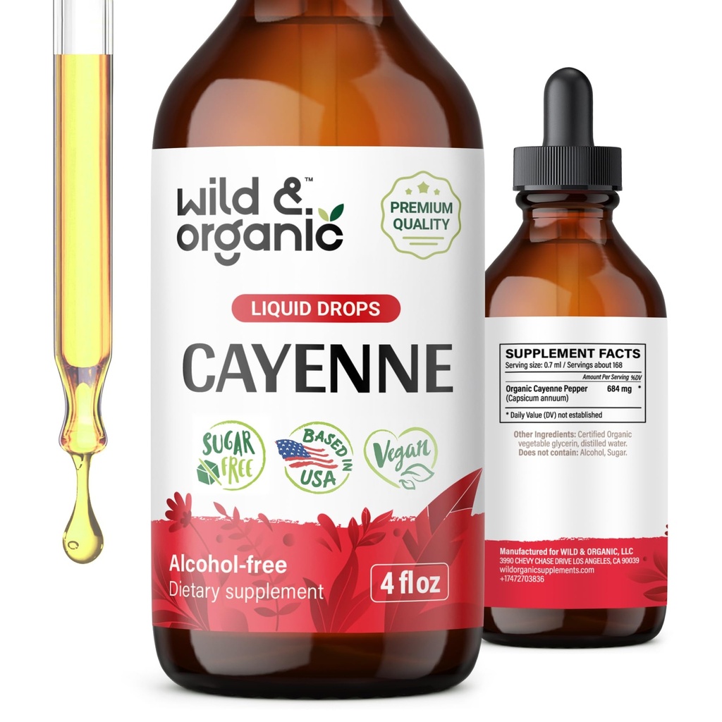 Wild & Organic Cayenne Pepper Tincture - Digestive Support med Capsaicin Extract - Cayenne Pepper Liquid Drops för övergripande välbefinnande - Vegan, Sugar & Alkoholfri - 4 fl oz