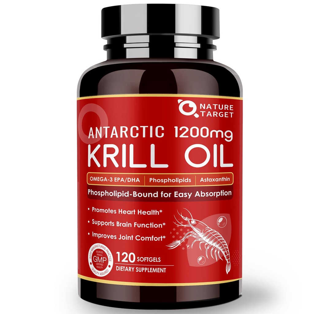 NATURE TARGET Krill Oil 1200mg med Omega-3 EPA & DHA med Astaxanthin, Phospholipids & Choline - Stöder Hjärta, Hjärna, Gå med Hälsa, icke-GMO, Gluten Free, 120 Softgels (60 portioner)