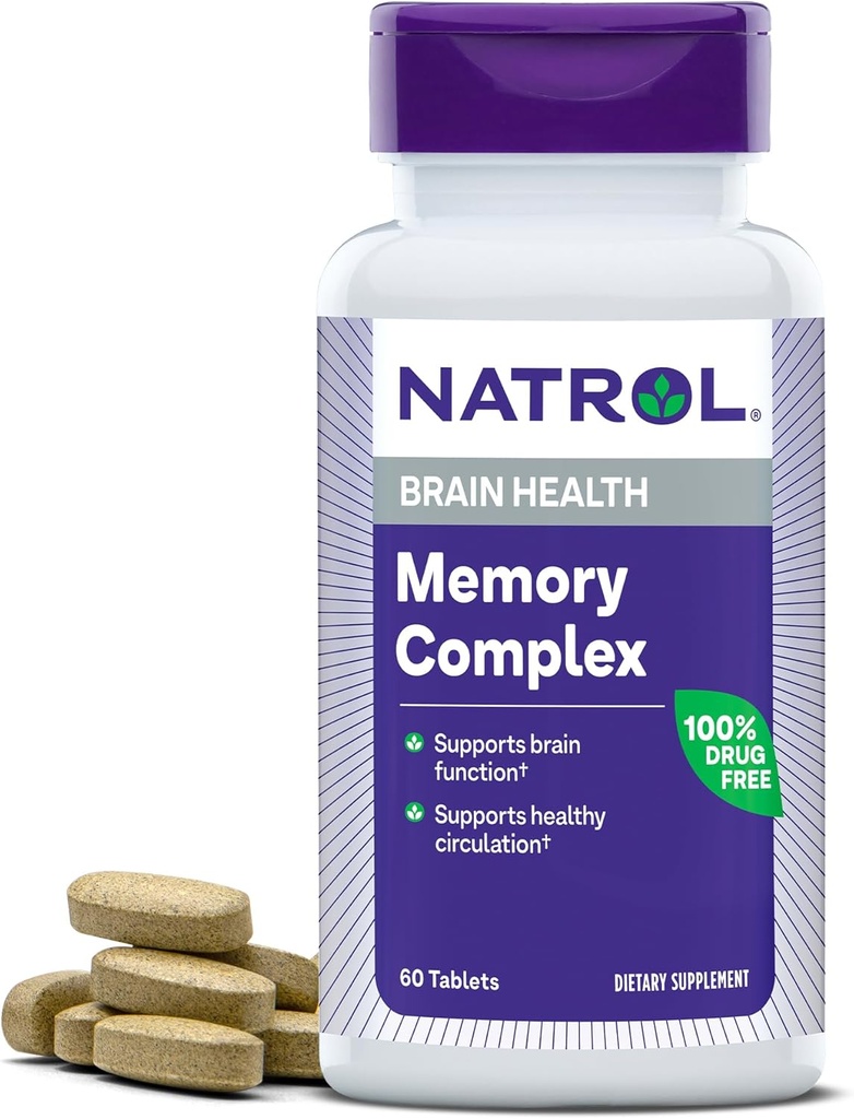 Natrol Memory Complex med Ginkgo Biloba 120mg och B-vitaminer, kosttillskott för hjärnhälsa och minnesstöd, 60 tabletter, 30 dagars leverans