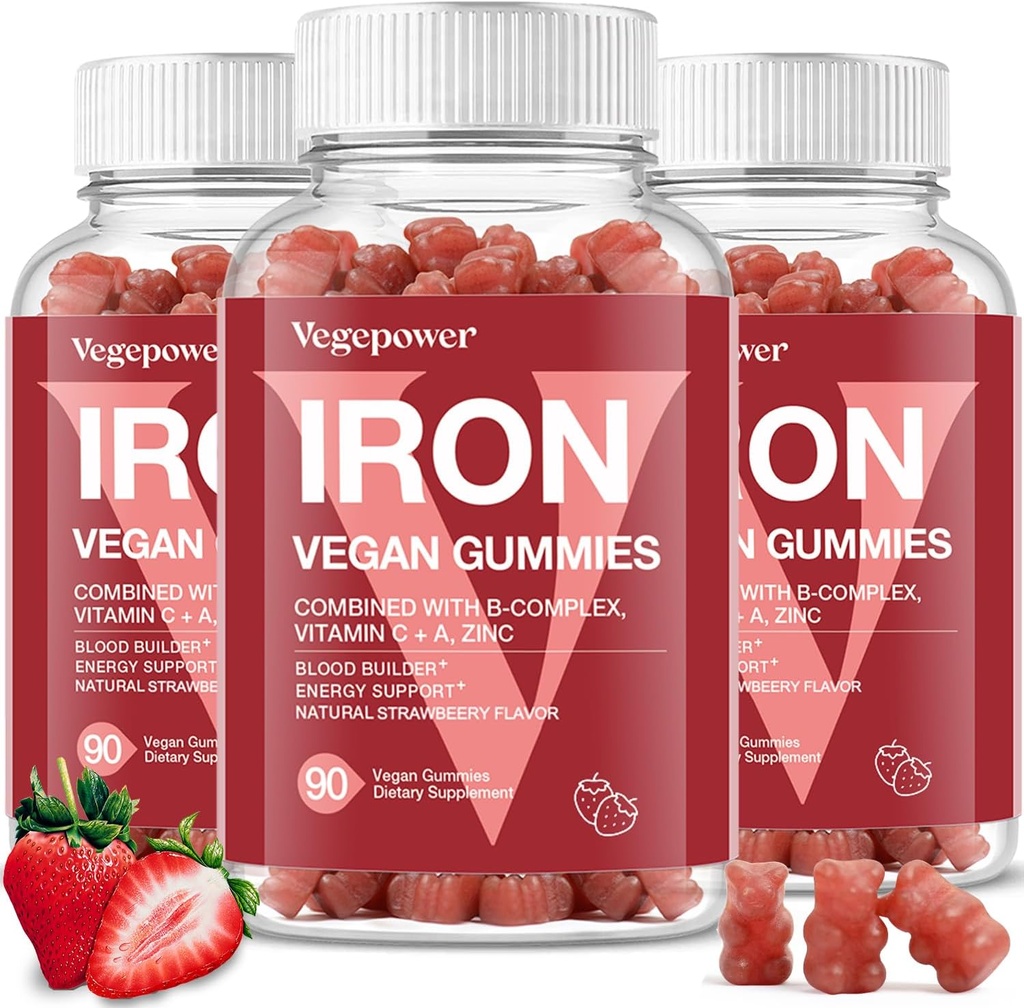 Iron Gummies Supplements for Kids & Women - Multivitamin with Iron for Blood Healthy, Great Tasting Vitamins Gummy with Vitamin C for Max Absorption - Strawberry (3 Packs)