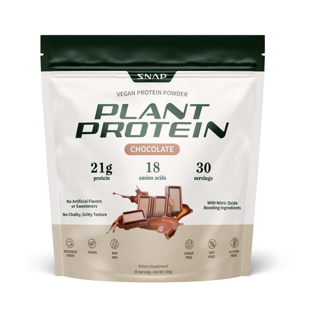 Snap Supplements Organic Plant Based Vegan Protein Powder Nitric Oxide Boosting Protein Powder, BCAA Amino Acid för muskeltillväxt, prestanda och återhämtning - 30 portioner (Chocolate)