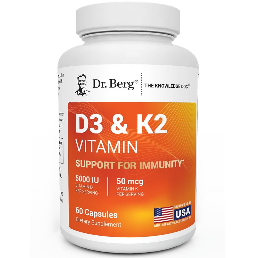 Dr Berg Maximum Styrka 2-i-1 Vitamin D3 K2 5000 IE Naturligt härledd D3 | 4X Lab-Tested & Verified | Hög Absorption Formel | K2 D3 Vitamin Supplement - 60 kapslar