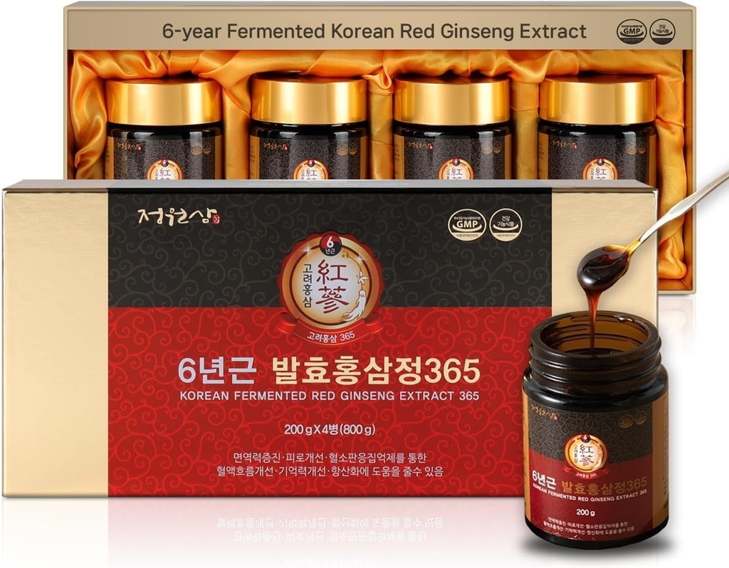 6-årig Fermented Korean Red Ginseng Extract | 4X 200g Bottles | 9,6 mg Ginsenosides per 15g | Energi, Fokus, Trötthet, Immun Support | Herbal Supplement för Män & Kvinnor