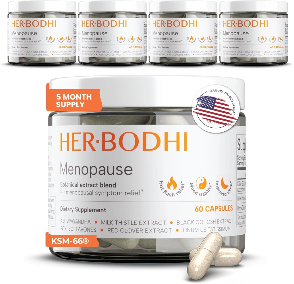 Meno- Menopause Hormonal Balance för kvinnor, östrogen Soy Isoflavones Menopause Supplement för kvinnor, Ashwagandha, Black Cohosh Hot Flashes Menopause Relief, Night Sweats Relief 300Caps
