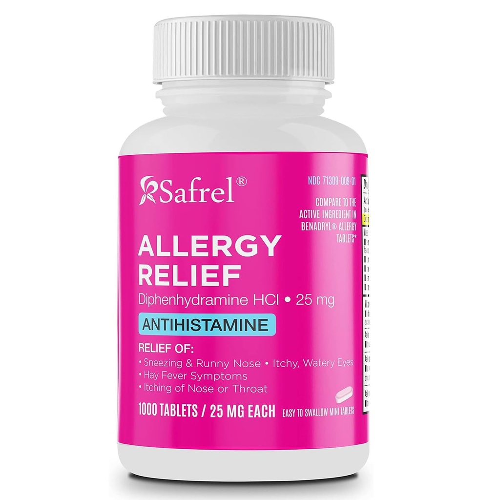Safrel Allergy Relief Medication Diphenhydramine HCl Caplets 25 mg (1000 greve), Antihistamin Relieves Sneezing, Runny Nose, Hay Fever, Itchy Eyes and Throat, Seasonal Indoor & Outdoor Allergy Pills