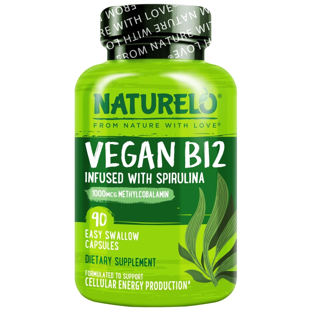 NATURELO Vegan B12 - Methyl B12 med organisk Spirulina - High Potency Vitamin B12 1000 mcg Methylcobalamin - Stöder hälsosamt humör, energi, hjärta och ögonhälsa - 90 kapslar