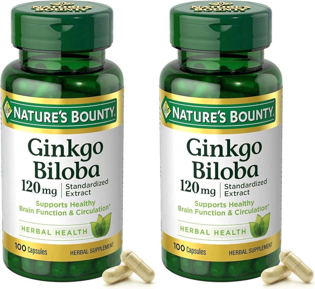 Naturens Bounty Ginkgo Biloba Standardized Extract 120 mg, Herbal Bottles, Capsule, 100 Count, Pack av 2