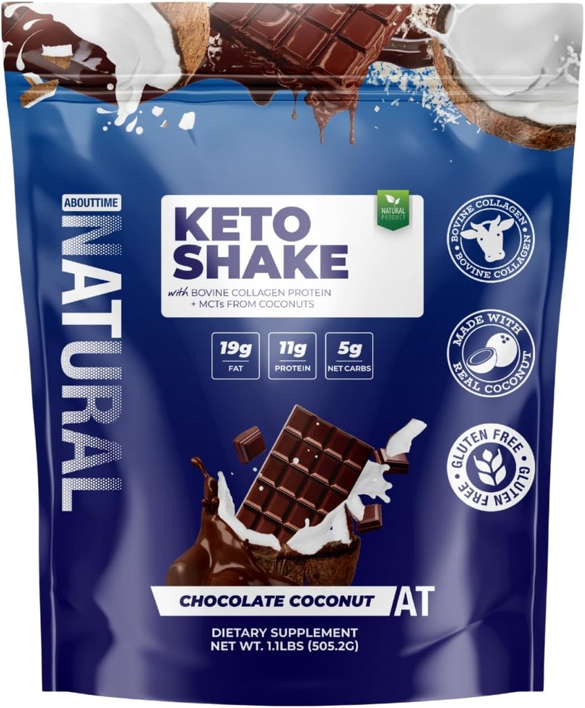 Om Time Keto Shake Chocolate Coconut med Bovine Collagen Protein + MCTs från Coconuts | 11g Protein, 19g Fat, 5g Net Carbs | Gluten-Free, Non-GMO, 12 Servings