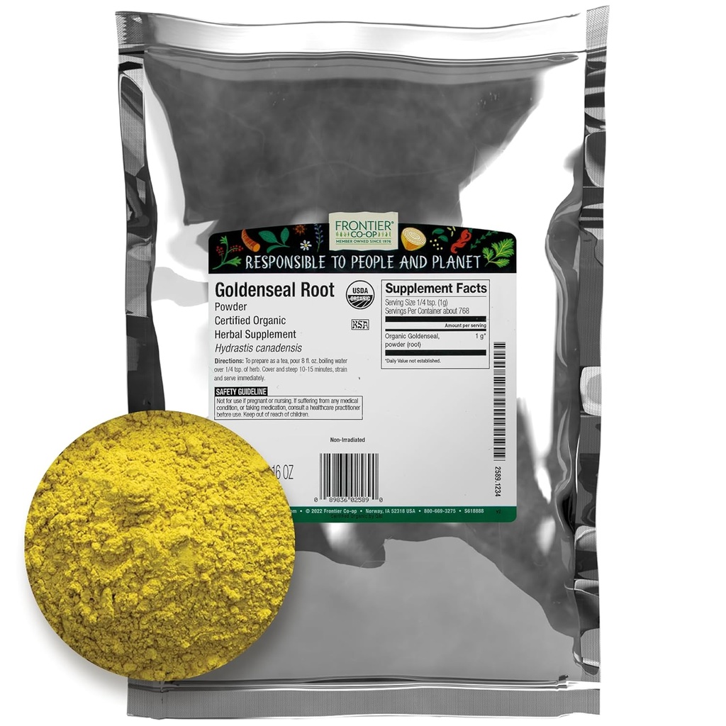 Frontier Co-op Organic Goldenseal Root Powder, 1/4 lb - Earthy, Bitter Herbal Root med ljusgul färg för te- och tinkturrecept - 4 oz