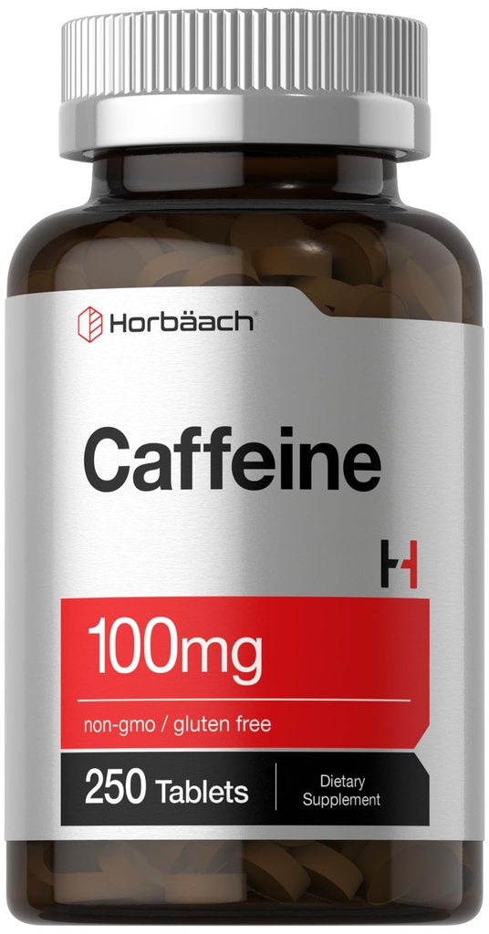 Horbäach koffeinpiller 100mg | 250 tabletter | Vegetarisk formel | Icke-GMO, Gluten fri tillägg