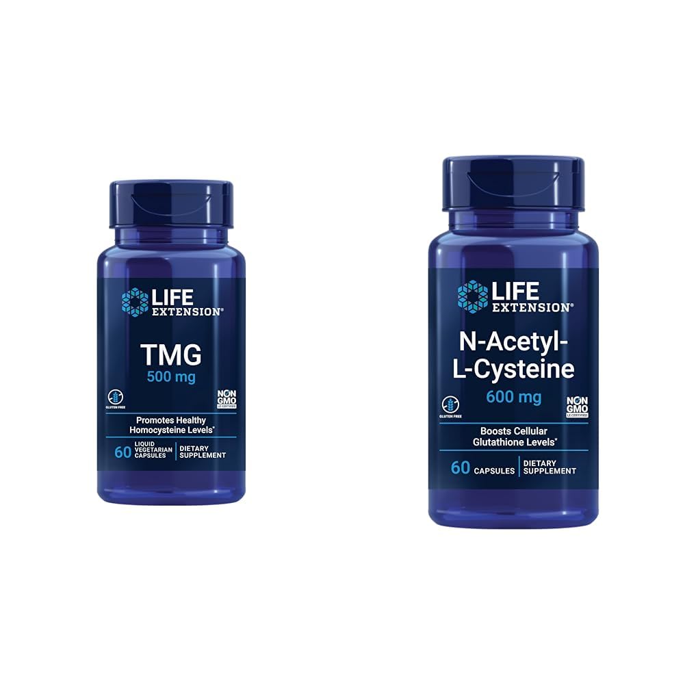 Life Extension TMG 500 mg - Trimethylglycine Supplement - uppmuntrar hälsosamma Homocysteinnivåer och N-Acetyl-L-Cysteine (NAC), Immune, Respiratory, Liver Health, NAC 600 mg