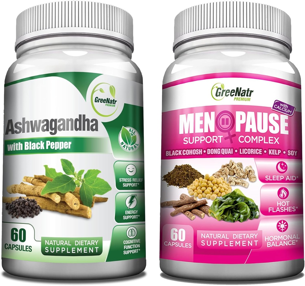 GreeNatr Total Wellness Support med Ashwagandha kapslar med svartpeppar för förbättrad absorption - och naturlig klimakteriet Herbal Complex