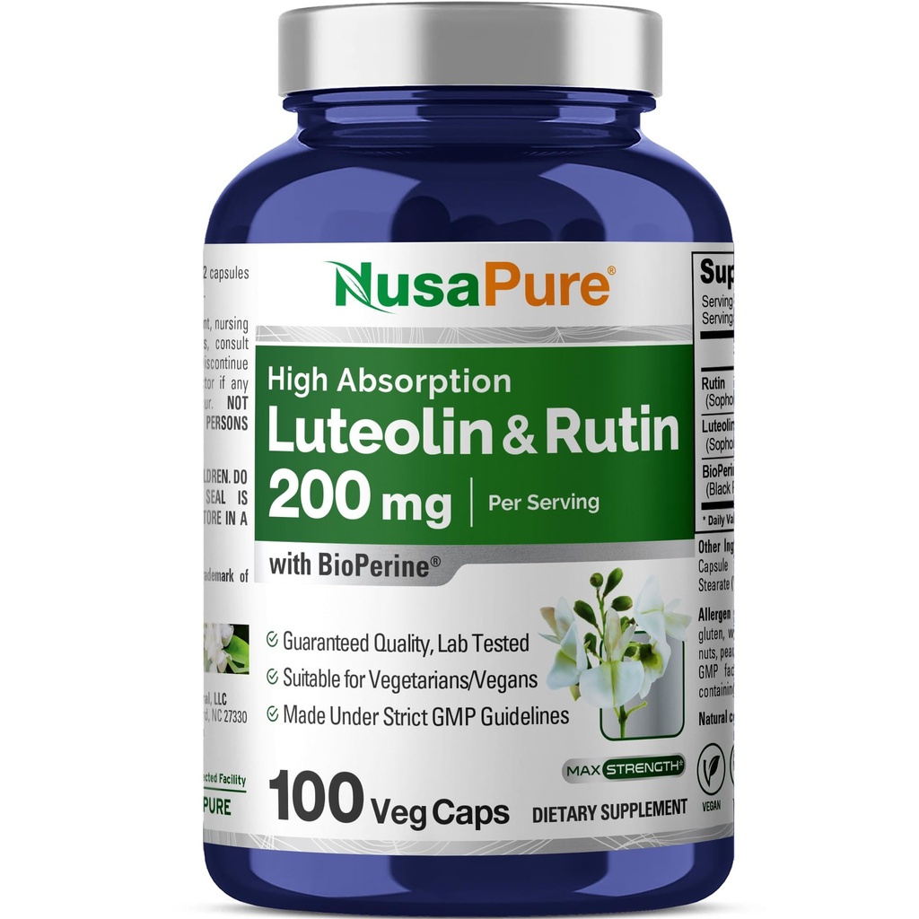 NusaPure Luteolin Complex med Rutin 200 mg | 100 kapslar | Vegetarian, icke-GMO & Vegan Flavonoid Formel