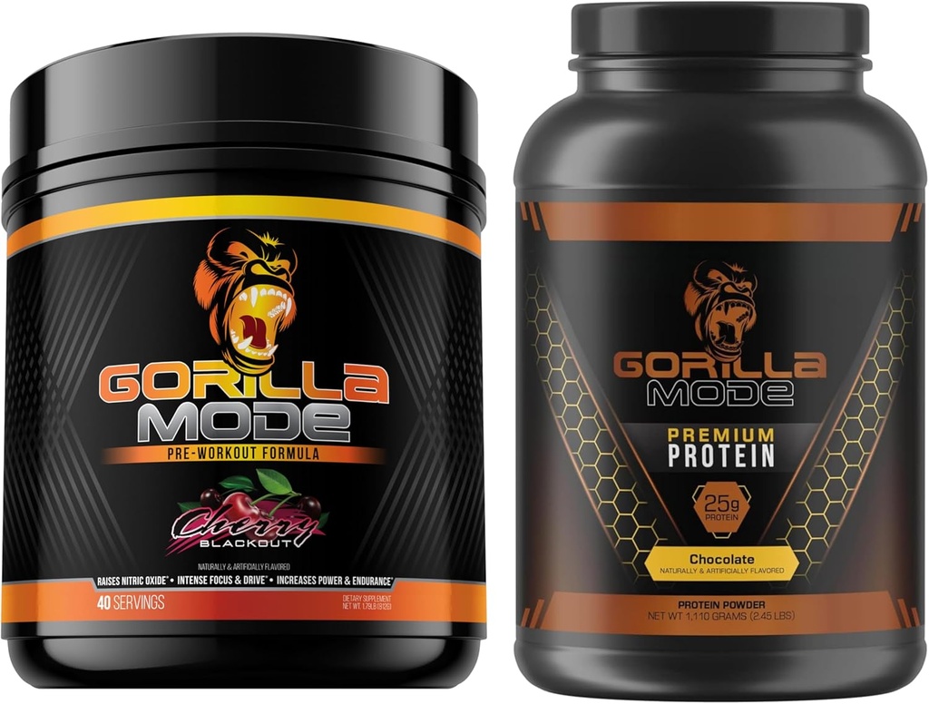Gorilla Mind Pre Workout (Cherry) + Premium Whey Protein (Chocolate) - Omfattande Stack för att driva maximala träningsresultat