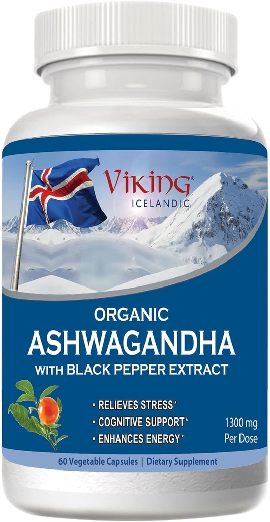 Viking Organic Ashwagandha med Black Pepper Extract Icelandic. 60 Vegan kapslar - Maximal absorption för stress, humör och energistöd