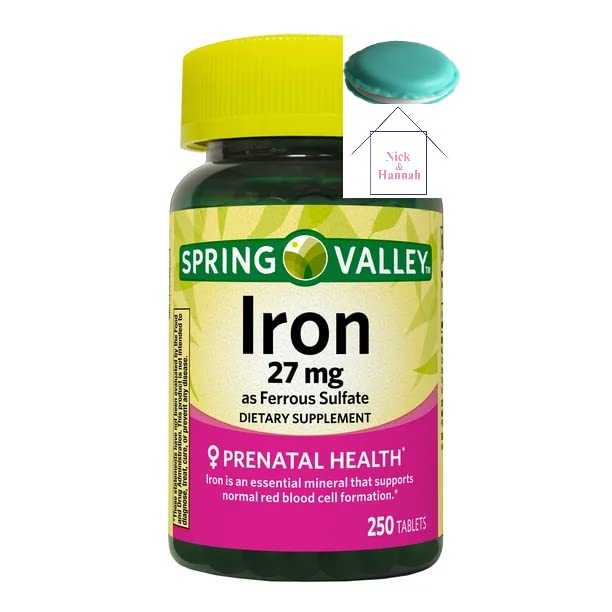 Spring Valley Iron as Ferrous Sulfate Tablets Dietary Supplement, 27 mg, 250 Count + 1 Mini Pill Container (Color Varies)