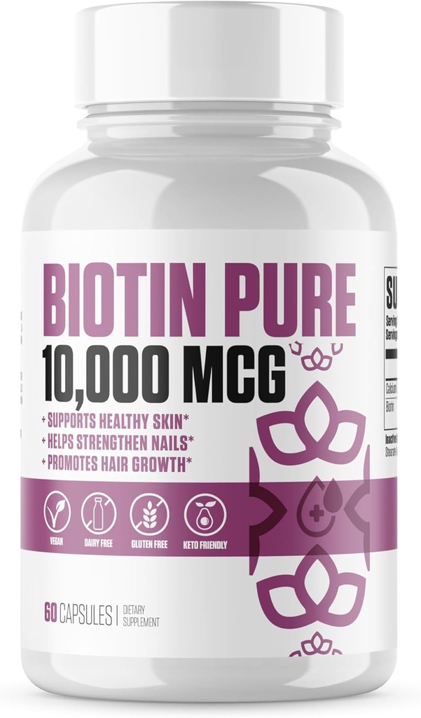 Biotin Pure 10,000 MCG + Calcium | #1 New Max Dose Biotin B7 Supplement Pills for Healthier & Longer Hair, Skin & Nails | Vegan Capsules for Men & Women - 60 Servings