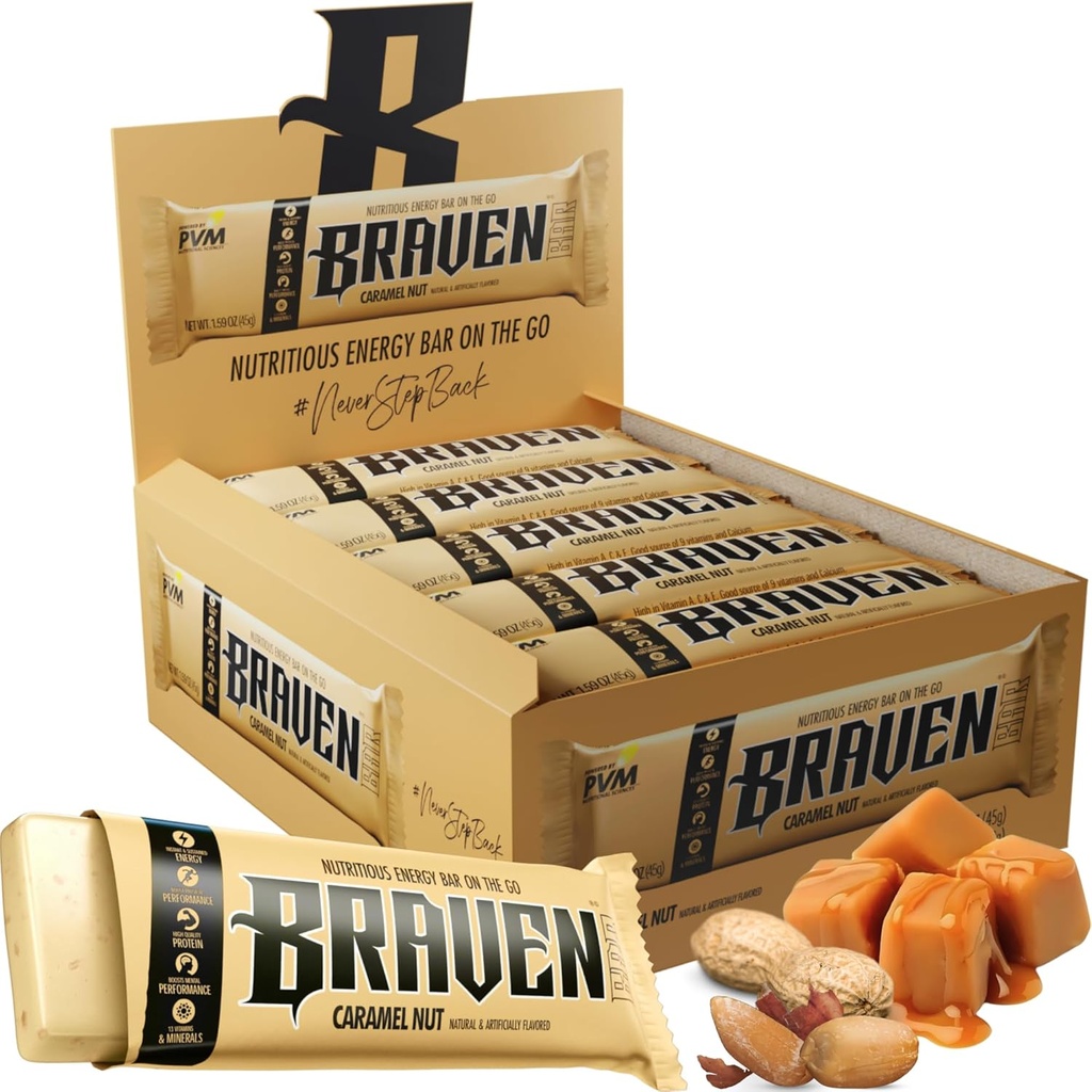 Braven Bar Caramel Nut Energy Bars (1.59 oz, Pack of 20) – Energy Chews with 5g Protein – On-the-Go Energy Snacks for Running, Hiking, and Sports - Gluten Free Snacks for Sustained Energy Boost