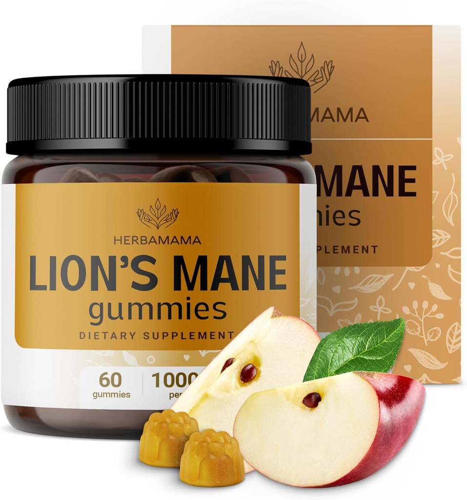 HERBAMAMA Lion Mane Gummies - 1000mg Lion's Mane Mushroom för Brain Clarity Support - Vegan, icke-GMO Focus Supplement för vuxna - 60 Pectin-Based Apple-Flavored Chews