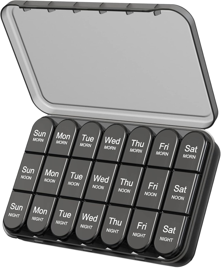 Daviky Pill Organizer 3X per dag, Weekly Pill Box 7 Day, Travel Pill Case med stora behållare, Light-Proof Pill Case för vitaminer, medicinering, kosttillskott och fiskoljor (Black)