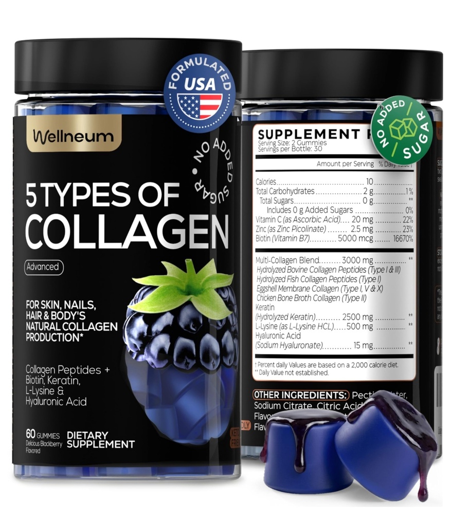 Collagen Peptide Gummies för kvinnor och män - Collagen Gummy Supplement for Healthy Hair, Skin, Nails and Bones - Hyaluronic Acid, Biotin, Keratin, Saw Palmetto - Sugar Free, No GMO och Gluten, 60 Pcs