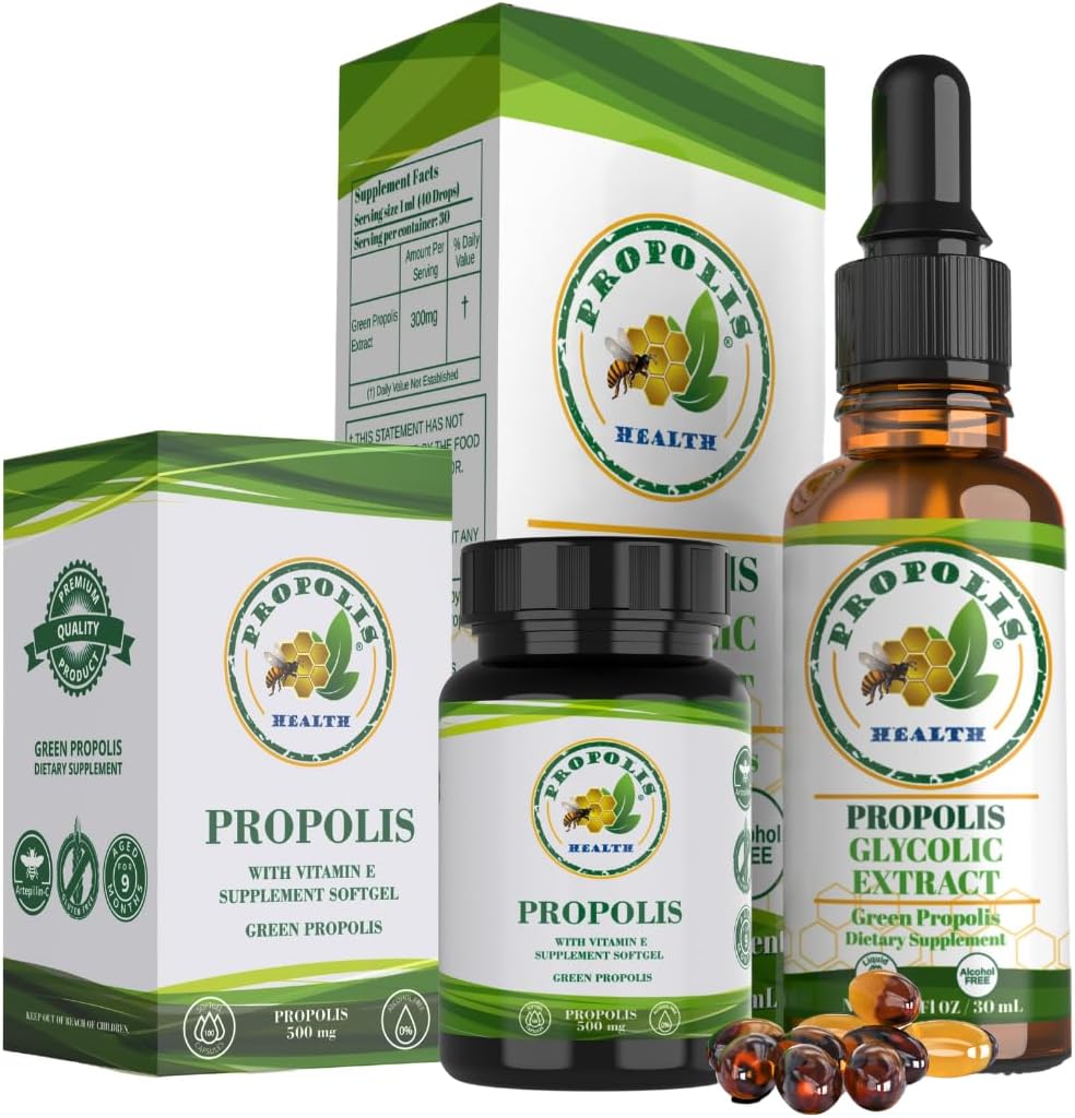 Propolis Health Premium Brazilian Green Propolis Bundle: 1000mg kapslar med vitamin E & Green Propolis Extract Liquid - 50 Days Capsule & 30 Days Liquid Supply för Immune Support
