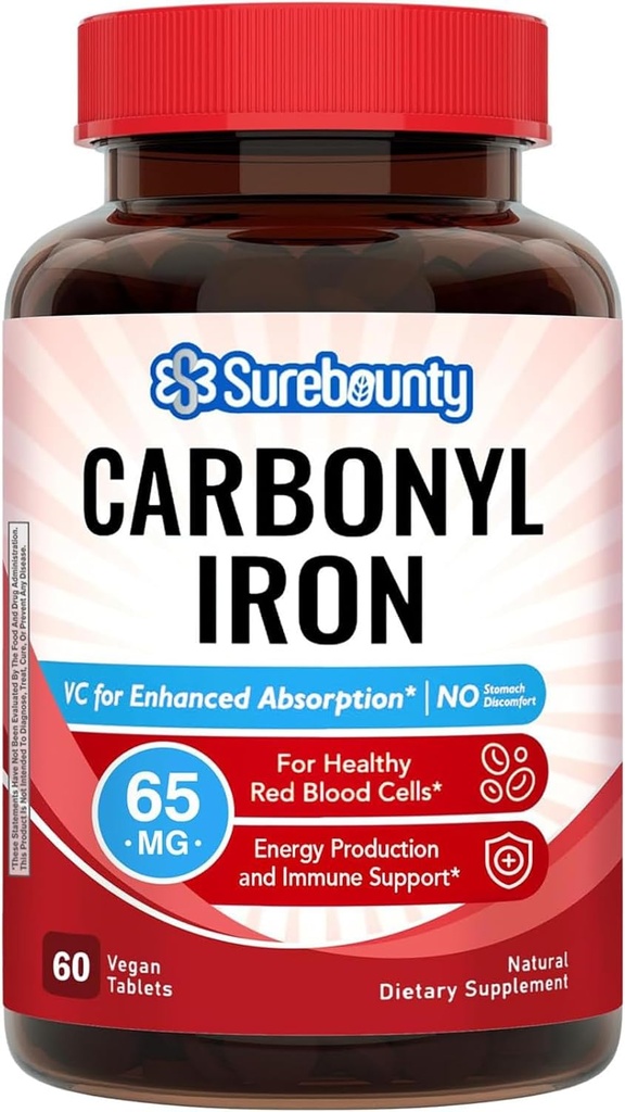 Carbonyl Iron, med naturlig vitamin C, Gentle på magen, hög absorption, för röd blodcellfunktion, energistöd, Vegan, 60 flikar