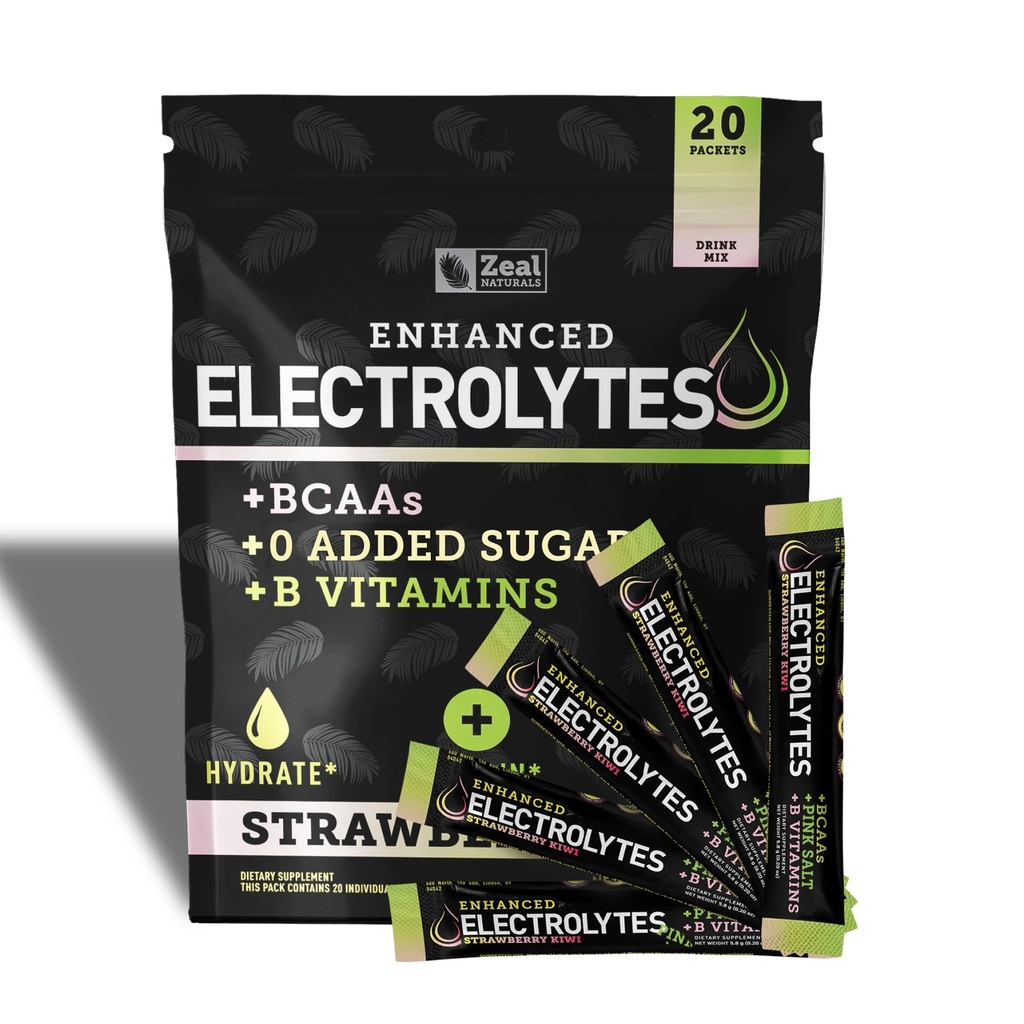 Förbättrade Electrolyte Powder Stick Packs (Strawberry Kiwi | 20 Packets) w / 0 Sugar +BCAAs +B-Vitamins Electrolyte Supplement w Potassium Zinc & Magnesium för Hydration - Keto Electrolytes
