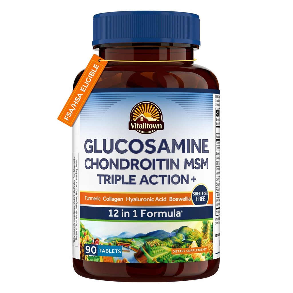 Vitalitown Glucosamine Chondroitin MSM | Collagen, Boswellia, Turmeric, Hyaluronic Acid, Bromelain | Triple Action+ Formel | 12 Ingredienser | 90 tabletter, No Shellfish