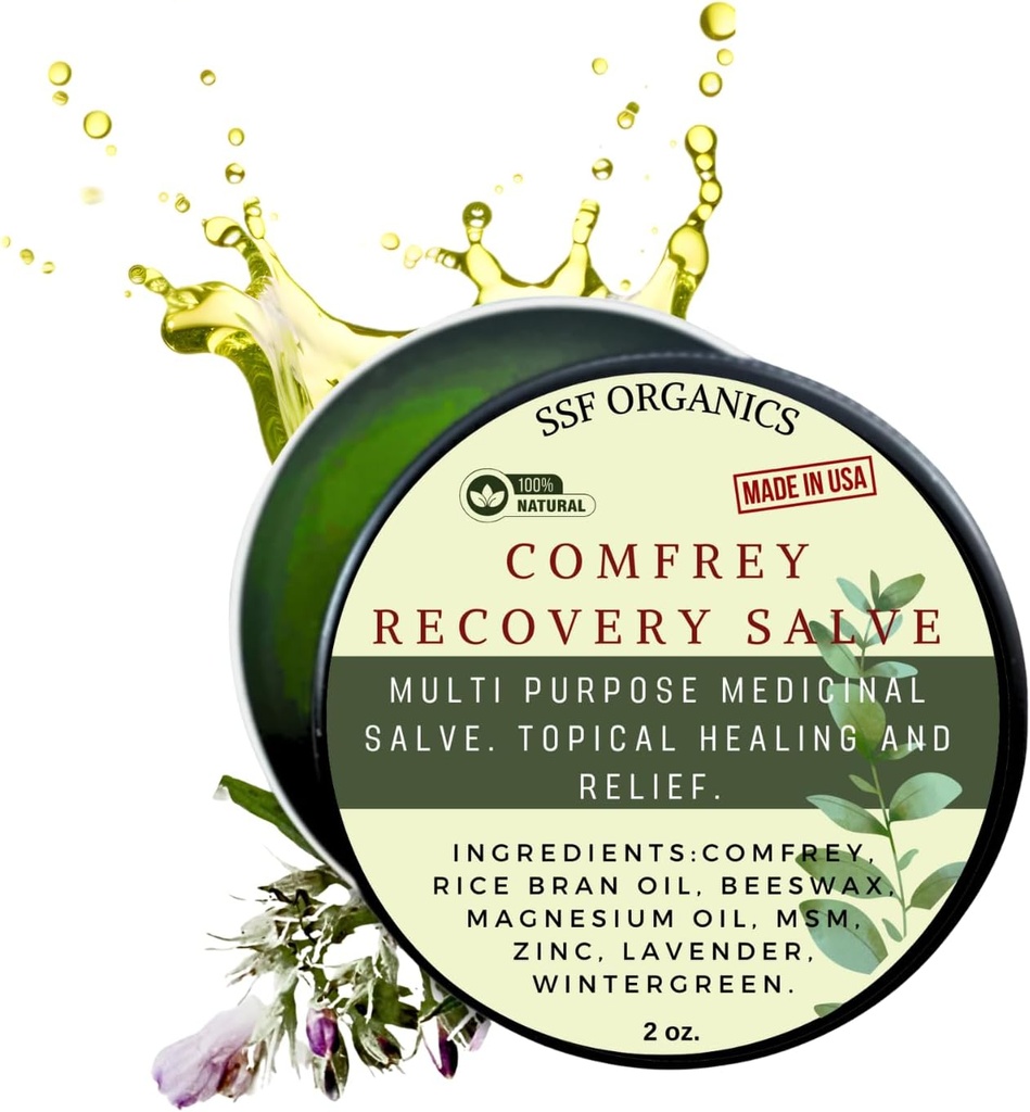 SSF Organics Comfrey Recovery Salve. Organic Herbal Balm for Bones, Muscles, Joints, Knees, Skin, Swelling & Tattoo Care. Handcrafted, Slow-Infused. No Chemical Fillers. 2 oz