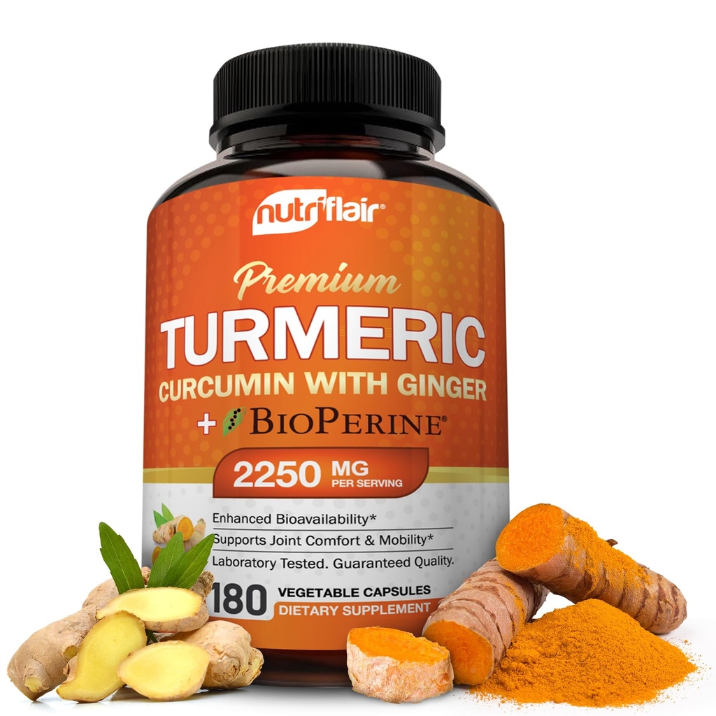 NutriFlair Turmeric Curcumin med Ginger och BioPerine Black Pepper Supplements, 180 Capsules - 95% Curcuminoids - Gemensamt stöd, Antioxidant, Anti Aging - Naturlig, icke-GMO, Vegan Bästa Maximum Potens