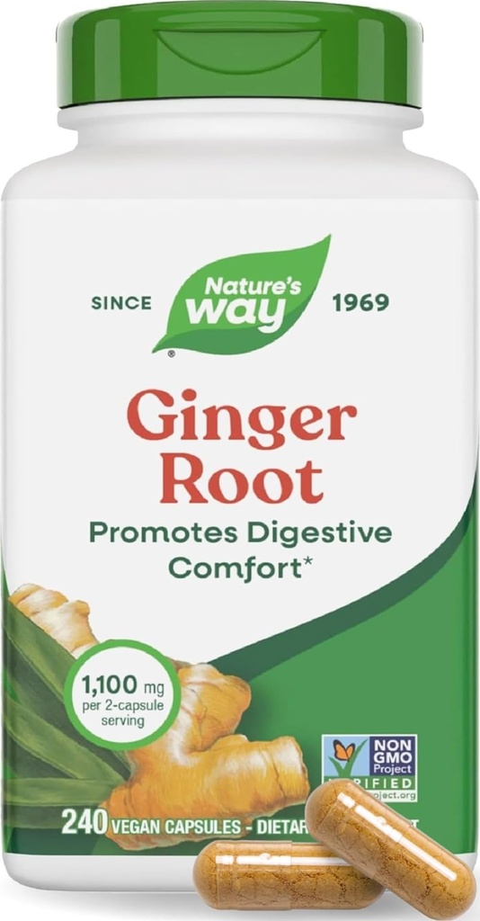 Naturens Way Ginger Root Capsules 550 mg per kapsel, Digestive Comfort * Reducerar Motion-Related Nausea *, 1 100 mg per 2 kapslar, Non-GMO Project Verified, Vegan, 240 greve (Packaging May Vary)
