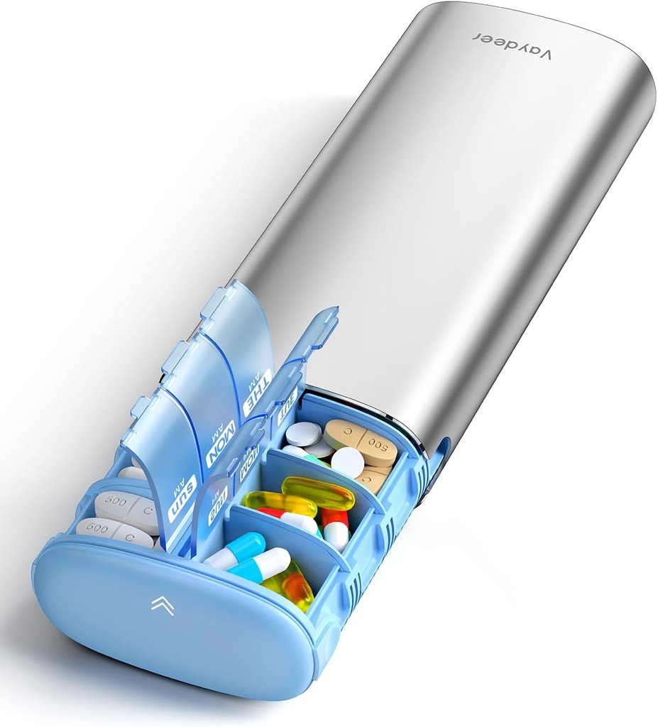 Vaydeer 7 Day Weekly Pill Organizer 2 gånger om dagen, Metal Am Pm Travel Pill Case, Large Capacity Twice Daily Cute Pill Box för kosttillskott, piller, vitaminer och medicinering (Sliver)