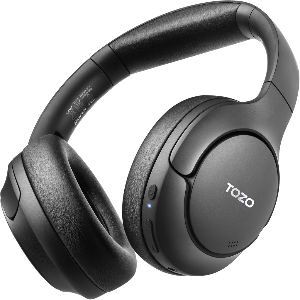 TOZO HT2 Hybrid Active Noise Cancelling Headphones, Wireless Over Ear Bluetooth Headset, 60H Playtime, Hi-Res Audio Custom EQ via App Deep Bass Comfort Fit Ear Cups, för Home Office Travel Black