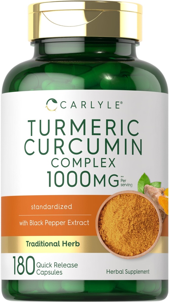 Carlyle Turmeric Curcumin med Black Pepper 1000mg | 180 kapslar | Turmeric Complex Supplement | Non-GMO, Gluten Free