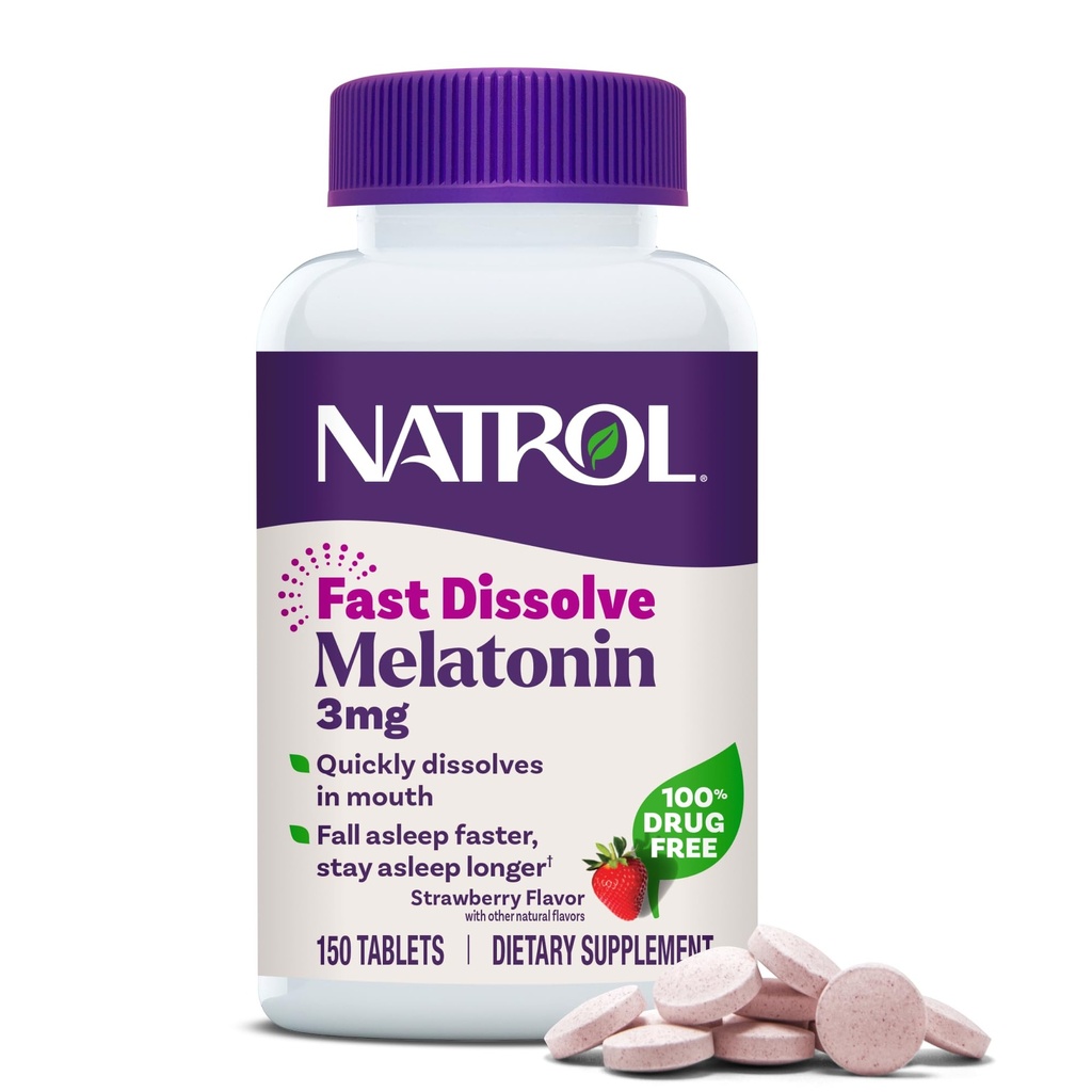 Natrol Snabbupplös Melatonin 3 mg, Melatonin Supplements for Restful Sleep, Sleep Support for Adults, 150 Strawberry-Flavored Tablets, Upp till en 150 dagars leverans