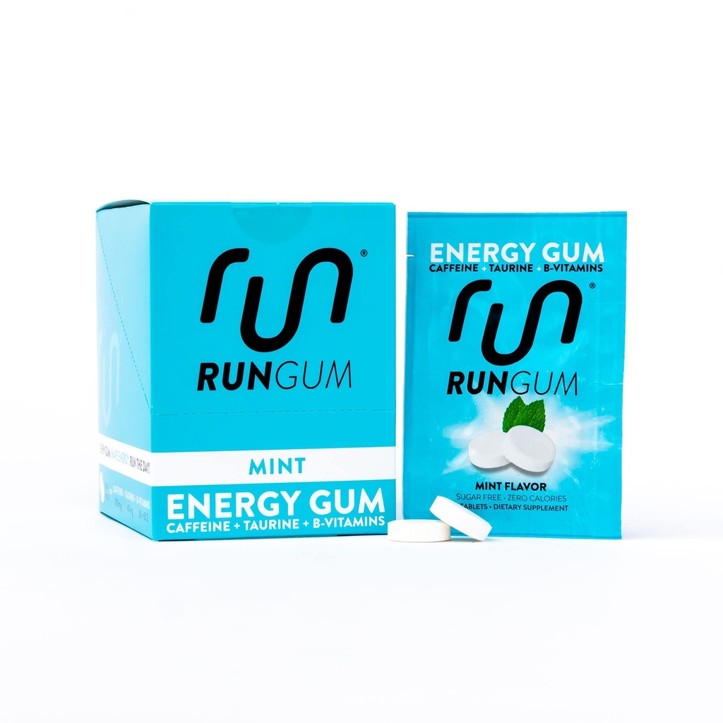 RUN GUM Mint Energy Gum 50mg Caffeine Taurine & B-Vitamins Per Piece, 24 stycken (Pack of 12), 2 stycken = 1 kaffe eller energidryck, Sugar Free, Zero Calorie