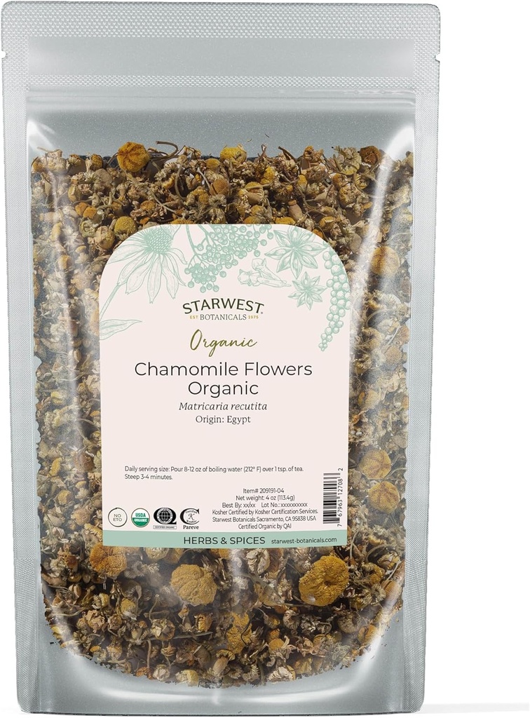Starwest Botanicals Organic Chamomile Flowers Whole - Torkad lös Leaf Herb för te, Herbal Lotions, & Baking, Källa från Egypten, Certified Kosher, Non-GMO - 4 oz Pouch