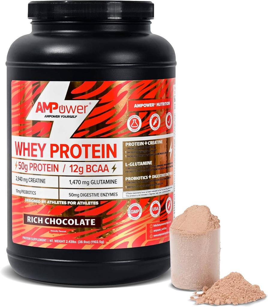 Choklad Whey Protein Powder | Vetenskapligt-Designed Optimum Muscle Stack, Gut, Brain, Immune | Protein, BCAA, Kreatin, L-Glutamin, Probiotika, Digestive Enzymes | Rich Chocolate, 38.9oz