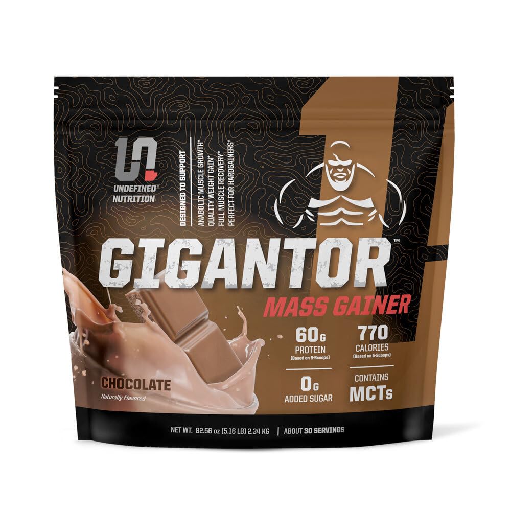 Undefined Nutrition Gigantor Mass Gainer by Brian Shaw (60g Protein, 30 Servings, up to 790 Quality Calories) – Hardcore Hard Gainer Formula with 5- Phase Protein Blend (5.16 lbs, Chocolate)